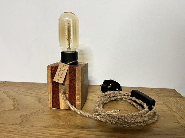 Handcrafted Oak, Padauk & Maple Accent Lamp with Edison Bulb.