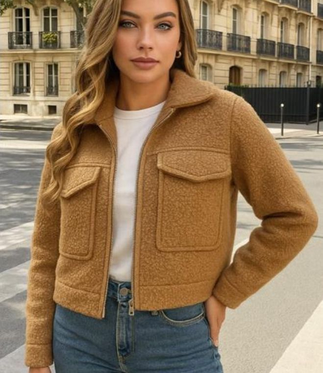 Jasje bouclé met rits cognac