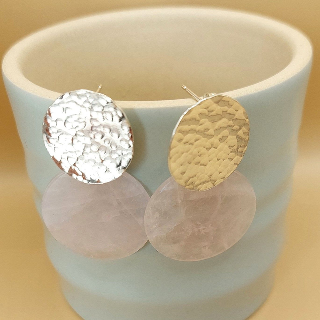 Sterling silver hammered disc and rose quartz earrings