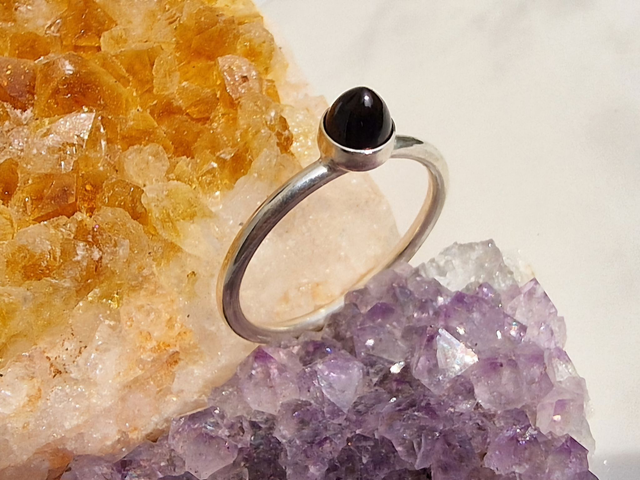 Smokey Quartz Bullet Ring - 925 recycled Silver - 1.8mm Plain polished ring band - Smokey quartz gem 5mm Dia. Stack ring. (1)