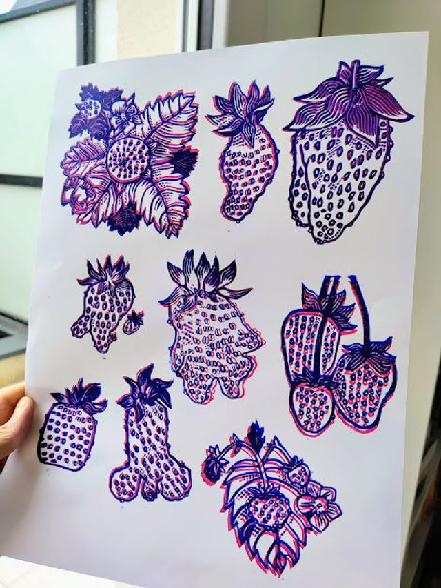 impression linogravure fraises "Collection" bicolore  24X32cm