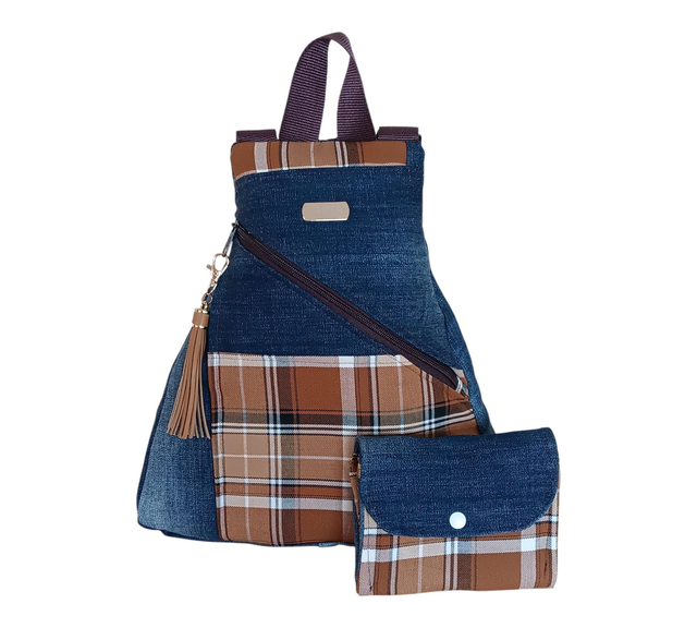 Conjunto Mochila Mini y Cartera Recicladas – Vaquero &amp; Escocés con Estilo