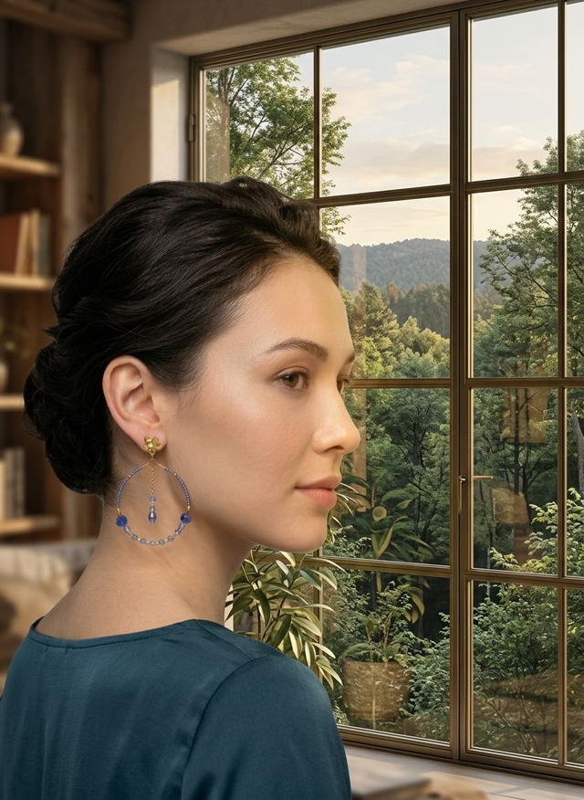 Boucles d'Oreilles pendantes Fleur Dorée et Cristaux Bleus