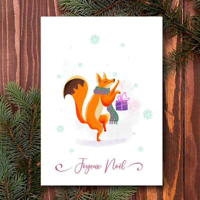 Carte de Voeux "Renard de Noël " avec enveloppe dorée