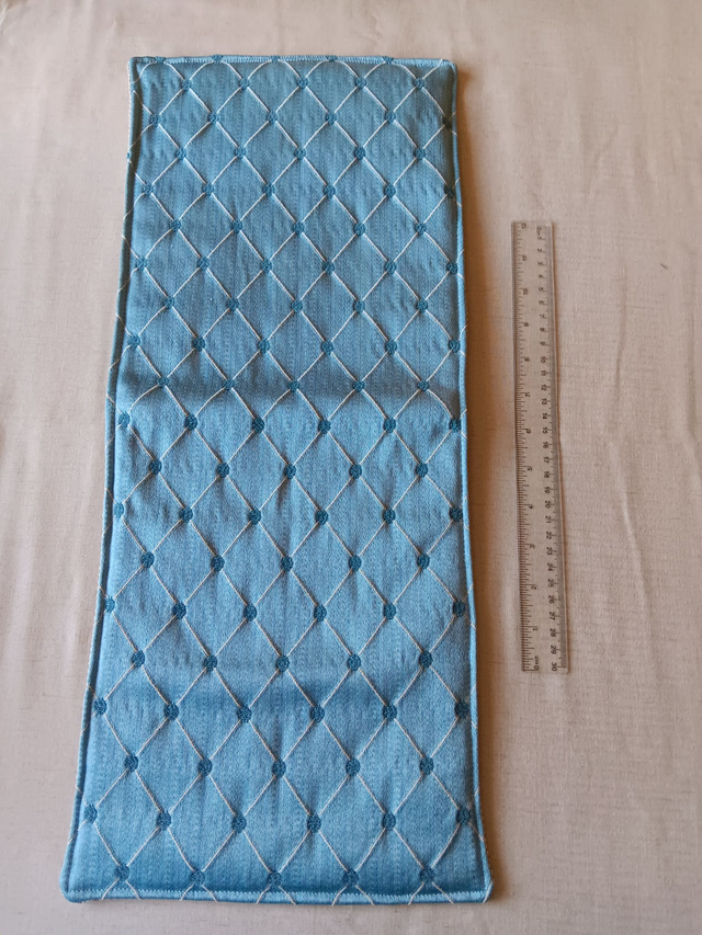 Small Table Runner Pale Blue patterned fabric front with wadding filling and Beige Herringbone backing fabric 