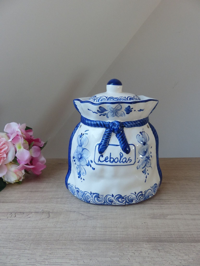 Grand pot à oignons en céramique fait et peint à la main avec des dessins de fleurs bleues indigo Portugal Décoration Vintage