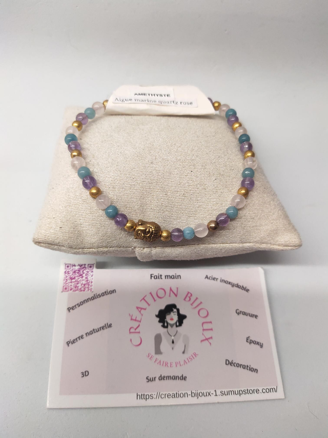 Bracelet améthyste, aigue marine, quartz rose 