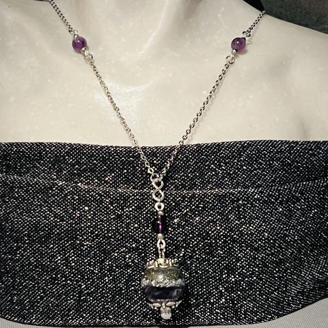 Crystal Energy Sphere Drop Pendant with Amethyst Quartz/metal shavings &amp; Infinity Symbol
