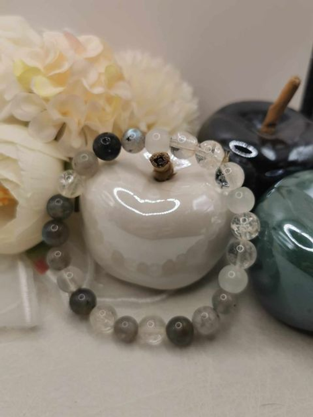 Bracelet Équilibre en Quartz Clair et Labradorite – Perles de 8 mm sur Élastique