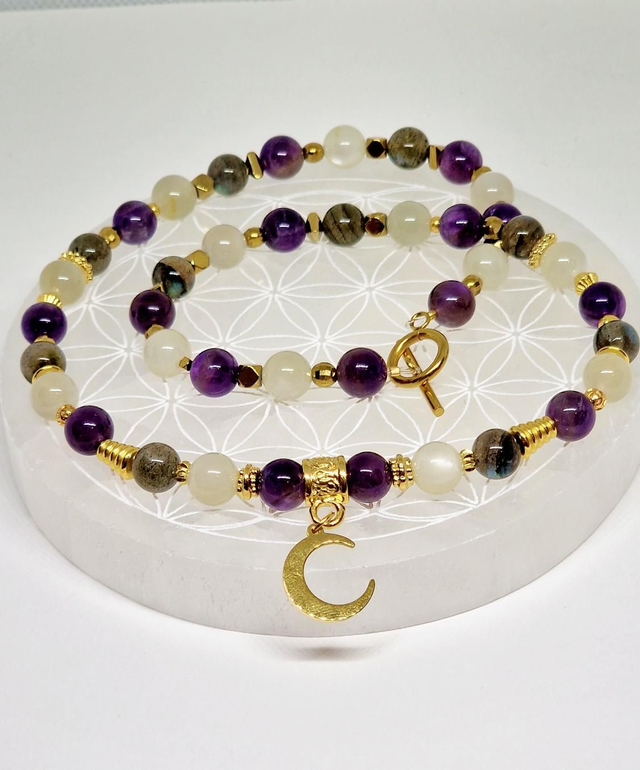 Collier Pierre de lune, Améthyste et Labradorite en 0,8 cm 