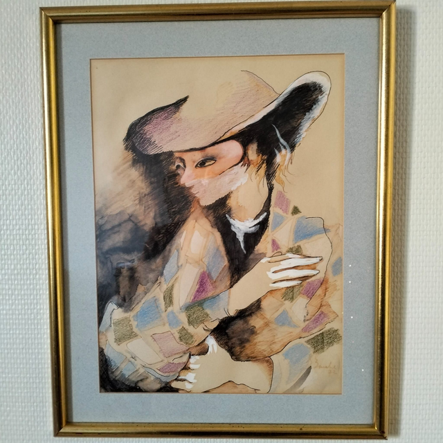 Tableau encadré technique mixte signé et daté 1972 – Portrait féminin style expressionniste