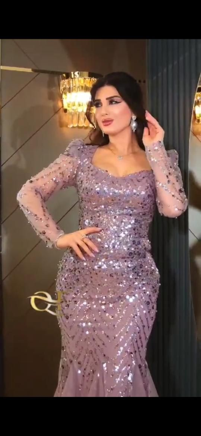 Robe de Soirée Violet Mauve Manches longues avec Paillettes / Réf : RMSR04