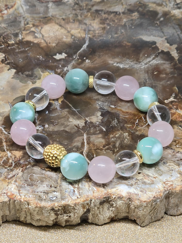 Bracelet Garniérite, Quartz rose, Cristal de roche XL en 1,2 cm 