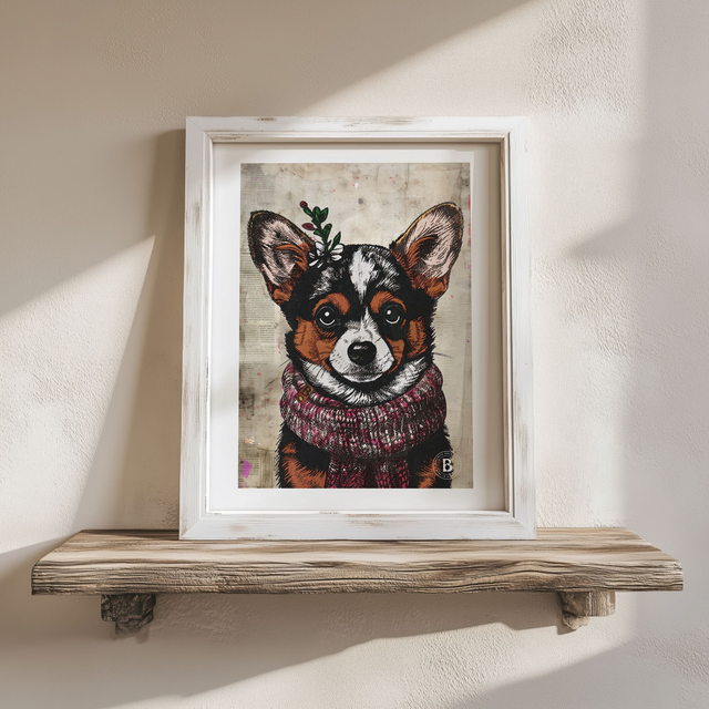 Chihuahua Dog In Floral Mixed Media Art Print A4