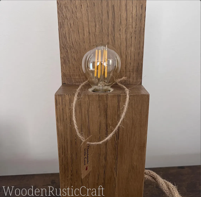 Rustic Oak Farmhouse Lamp with Jute Cord