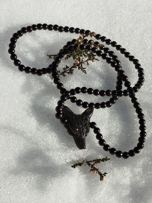 Sautoir Obsidienne Argentée/Bois d&#039;ébène Loup