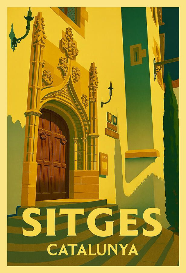 Póster turístico antiguo de Sitges, Catalunya. Palacio Maricel: entrada iluminada por el sol de un edificio histórico español.