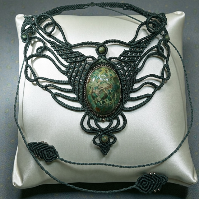 Collier Plastron "Arborescence" – Micro-Macramé &amp; Chrysocolle Azurite