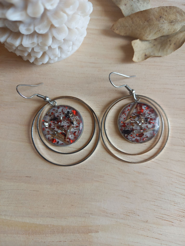 Boucles d&#039;oreilles Résine - cabochon argenté / résine avec cerles argentés