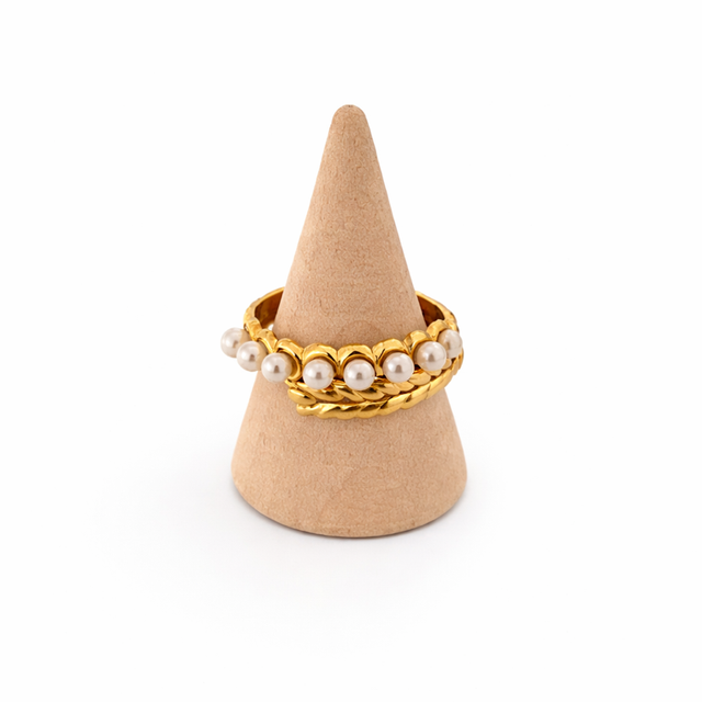 Anillo acero dorado y perlas 