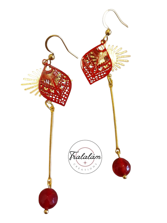 ✨Boucles d&#039;oreilles légères longues filigranées rouge cerise✨(160BO)