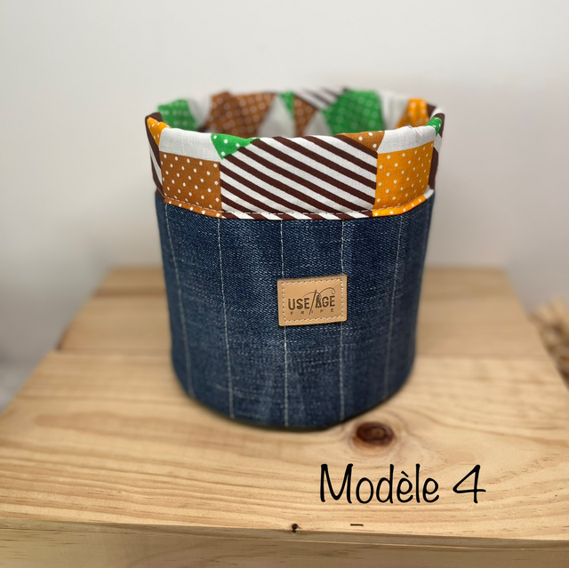 Panière ronde en jean matelassé & tissu vintage – Pièce unique