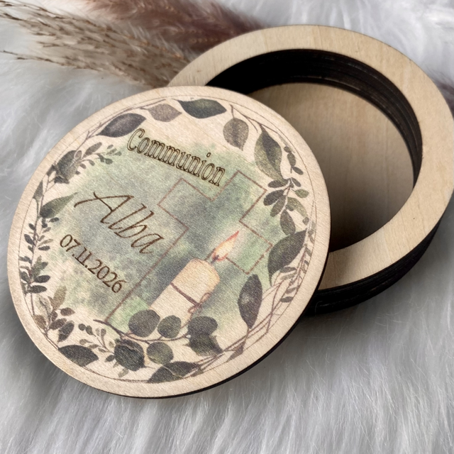Boîte de Communion en Bois Personnalisée – Souvenir Religieux pour Bijoux | 3 Designs au Choix