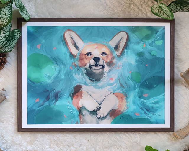 Tirage A4 Corgi Rivière