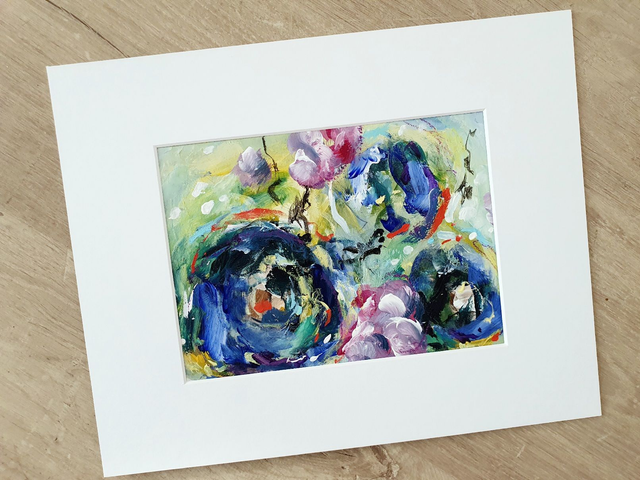 Buttercup in blue - Origineel schilderij, acrylverf op papier, incl. wit passepartout