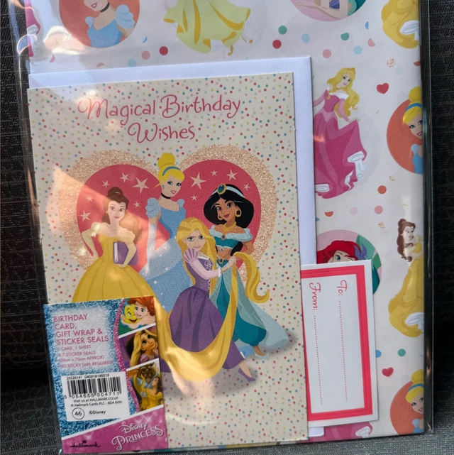 Disney Princess Birthday Card and Wrapping Paper Set 1 Sheet Wrap Card Tag
