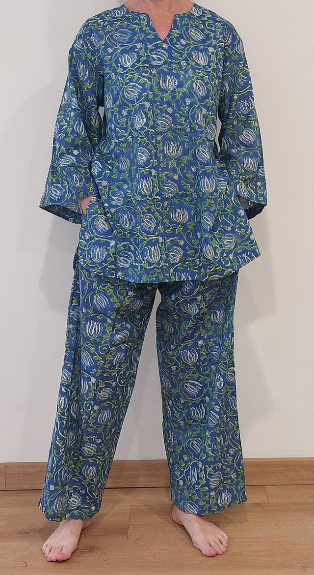 Pyjama  femme en coton léger – imprimé floral vert et bleu -  fait main – ensemble été confortable – cadeau artisanal
