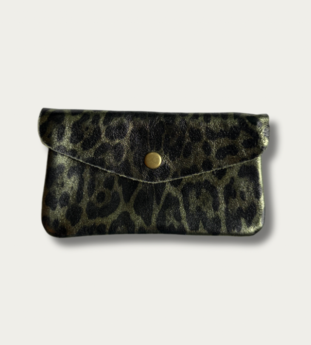 Large Italian Leather Coin Purse - Green Leopard