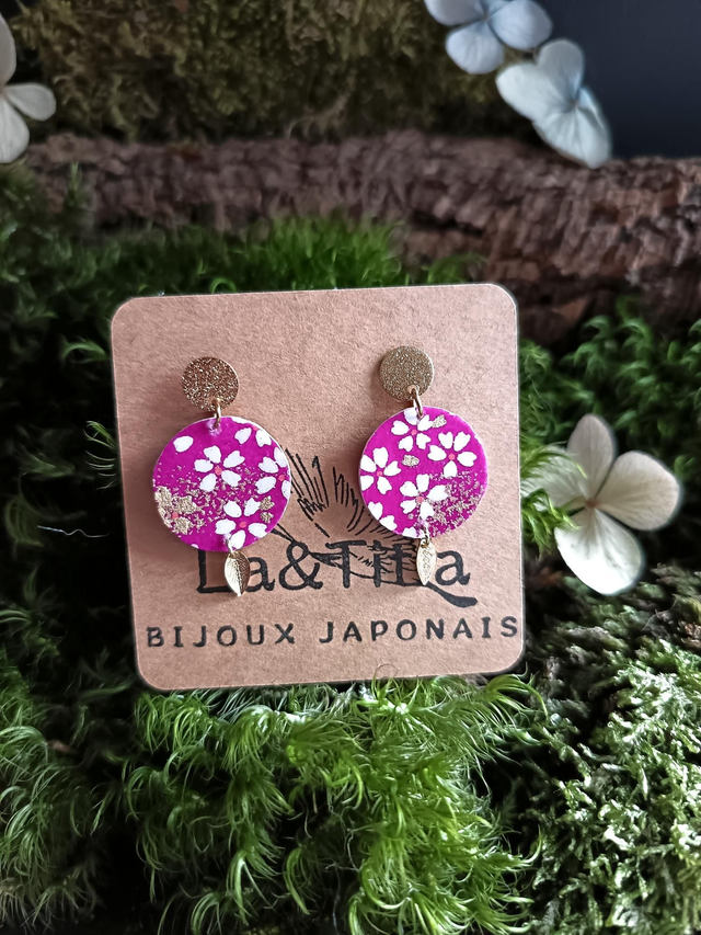 Boucles d'oreilles - puces - papier washi - Sakura - fleurs de cerisier - feuilles - La&Titia 