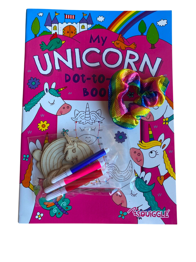 Kids Unicorn Activity Set – Dot-to-Dot Book, Wooden Craft, Markers &amp; Rainbow Scrunchie  
