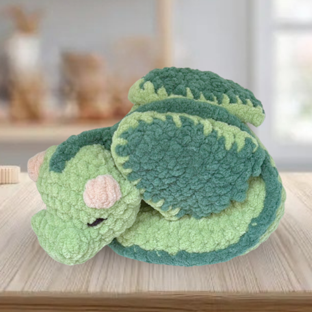 Crochet Plush Large Sleeping Dragon, Green & Dark Green, Ukca tested
