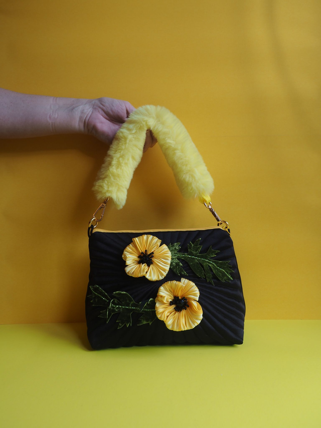 Yellow Sun Poppy Black Mini Sweetheart Handbag