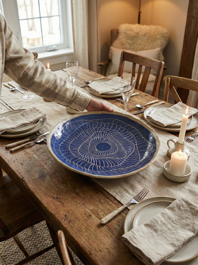 Large Blue Sgraffito Platter