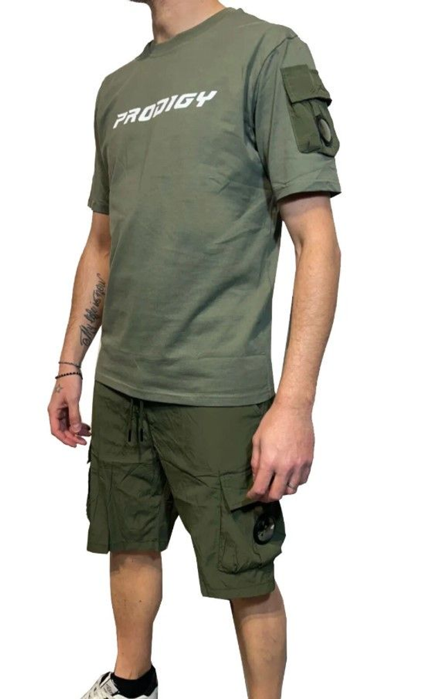 Set 2 pezzi uomo moda completo T-shirt + Bermuda Cargo Verde Militare