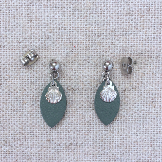 Boucles d’oreilles « Mineur »argentées, cuir vert bronze