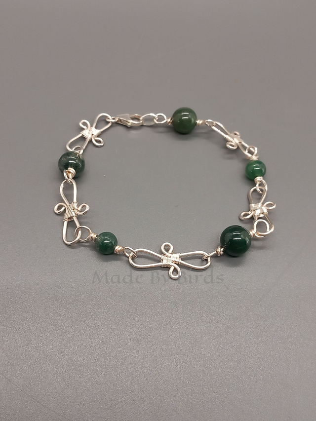 Moss Agate Bead & Sterling Silver Wire Scroll Style Weave Bracelet