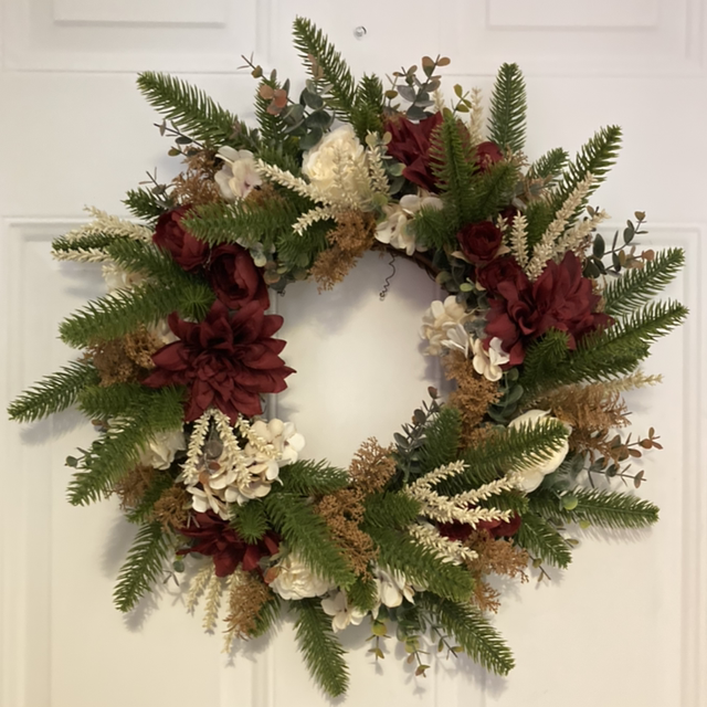 L-12 Burgundy and Cream Faux Flower Wreath
