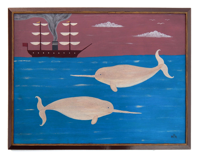 Naive Nautical Folk Art Painting With Narwhals And Steamship By Matt Rix