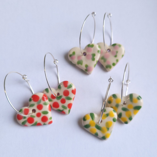 Silver Heart Hoops - Floral