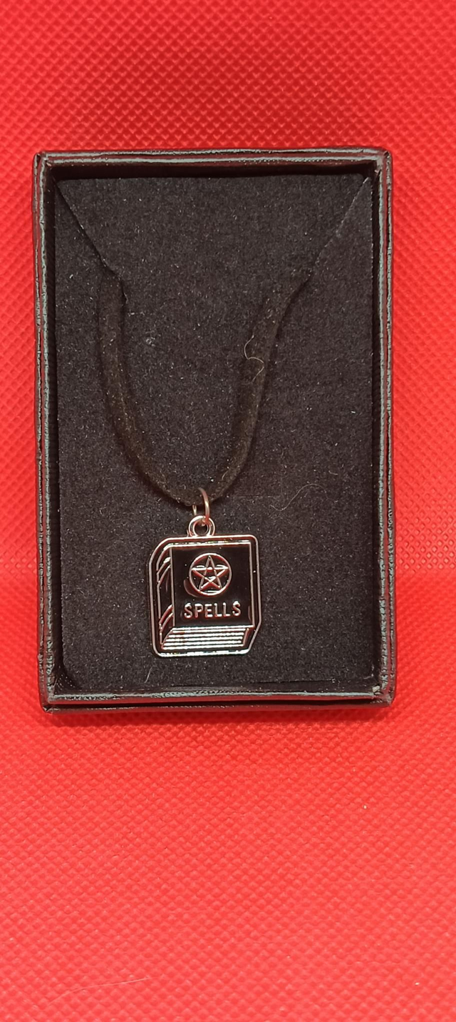 Black &amp; Silver Enamel Spell Book Pendant Necklace.