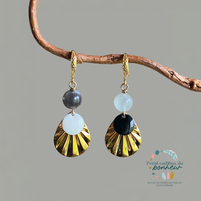 Boucles d’oreilles en pierre de lune noire et blanche 