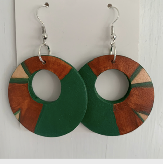 Wooden hand painted Circular Drop Earrings. 4cm diameter. Natural earrings. Green earrings. Circular earrings. Autumn earrings