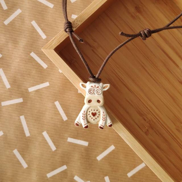 Cow Totem Tribal Necklace - Air-Dry Clay Pendant Jewelry - Unisex Charm;