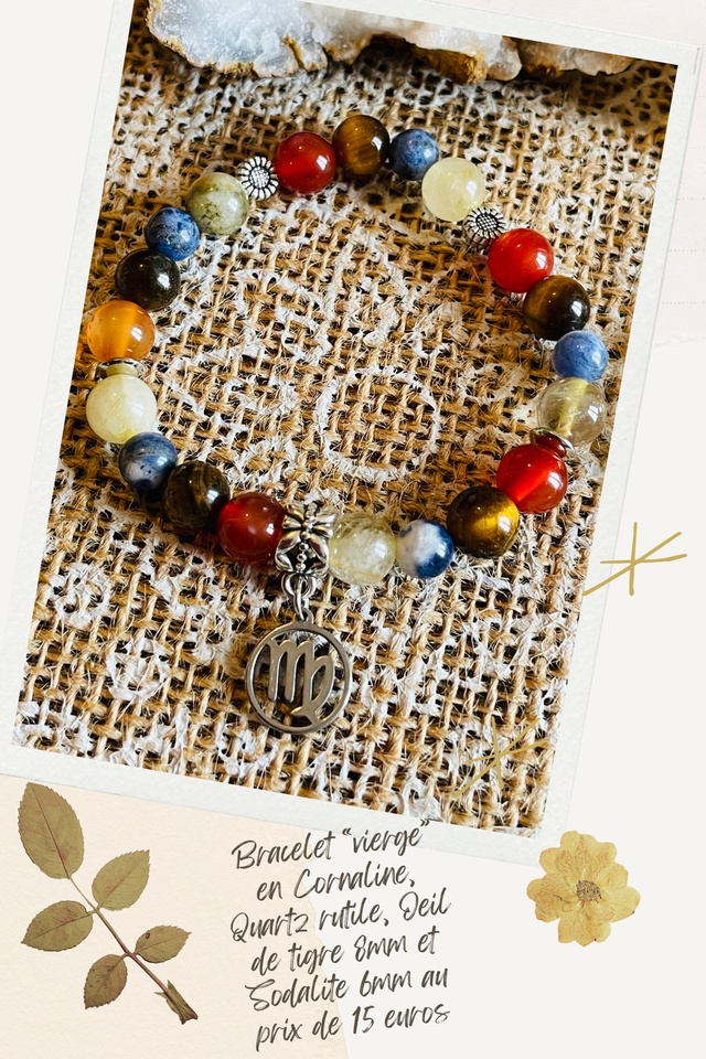 💫♍️🐅Bracelet Signe de la Vierge en Cornaline, Oeil de tigre, Quartz rutile