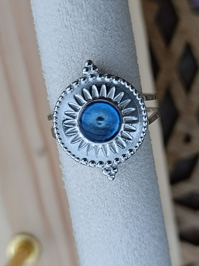 Bague Ethnique réglable - Argent - Résine Bleue