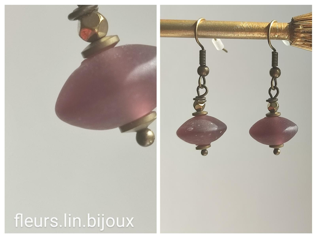 Z-Boucles d&#039;oreilles en verre &quot;ovni&quot; rose foncé et hématite en laiton bronze -sans nickel 